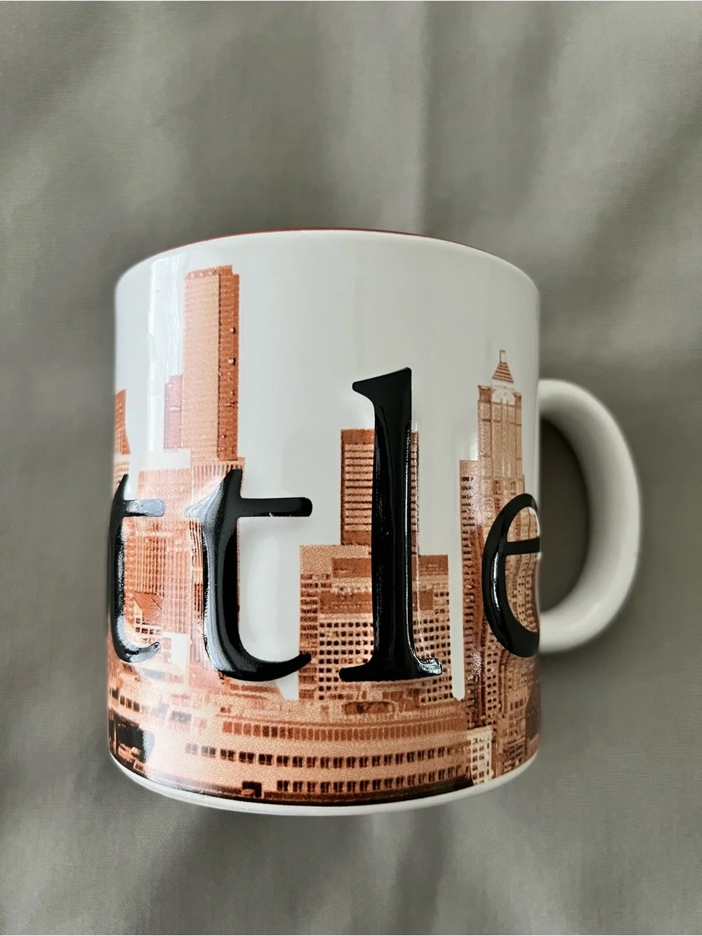Seattle The Emerald City White and Tan Large Ceramic Cityscape Mug